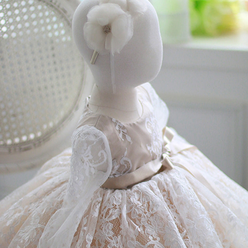 Puffy Lace Dresses with Bow for Girls Round Necked Embroidery Sheer Gown