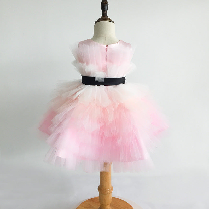 Multi Tulle Gown Pink and White Sleeveless Flower Girl Dresses with Black Sash