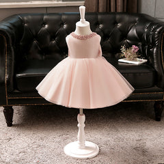 Round Beads Necked Flower Girl Dresses with Bow Simple Tulle Gown