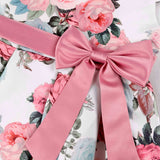 Elegant Flower Girl Dresses with Bow Cute Pink Floral Prnited Birthday Dress Short Sleeves