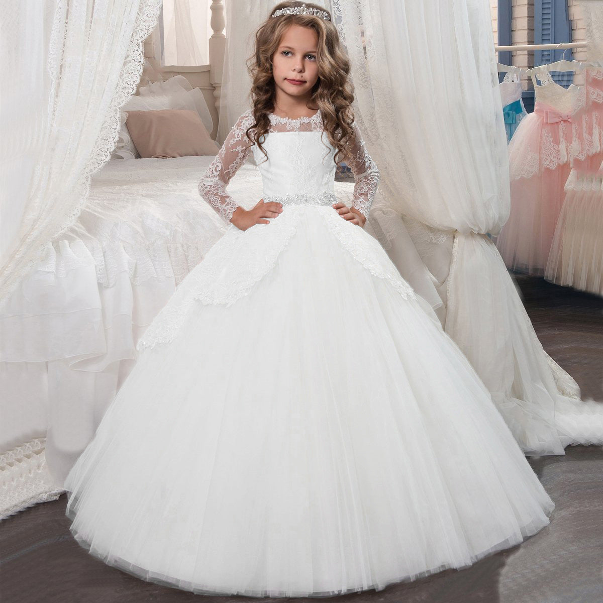 First Communion Dresses with Bow Kid's Princess Dress Tulle Gown Lace ...