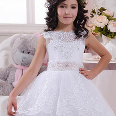 Kid's A Line Communion Dress Sleeveless Flower Girl Dress with Pink Sash