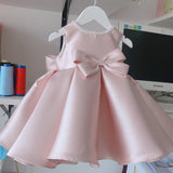 Girls Sleeveless Satin Flower Girl Dresses A Line Pink Princess Gown with Bow