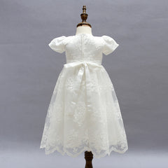 Baby's Puff Sleeves Lace Dress with Bow Cute Round Necked Gown 2 Colors