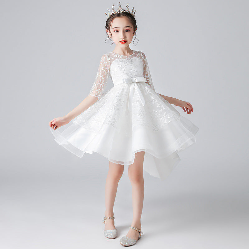 Children's White Flower Girl Dresses Half Sleeves High Low Dress with Bow Princess Gown