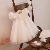 Kid's Cute Round Necked Princess Dress with Bow High Waist White Partr Gown