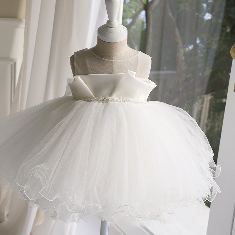 Children's A Line Puffy Dresses with Bow Sleeveless Tulle Gown for Piano Show Dress