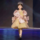 Pink and Gold Sequins Pageant Dress with Bow Cute Princess Gown for Kids