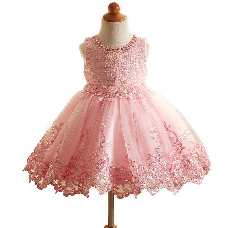Cute Soft Lace Dresses with Bow for Little Girls Sleeveless Ball Gown Embroidery Sheer
