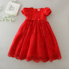 Baby's Puff Sleeves Lace Dress with Bow Cute Round Necked Gown 2 Colors