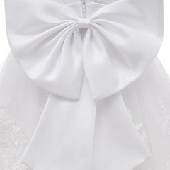 Pure White Lace Dresses for Baby Girls Cute Flower Girl Dress with Big Bow Classic Round Necked Gown