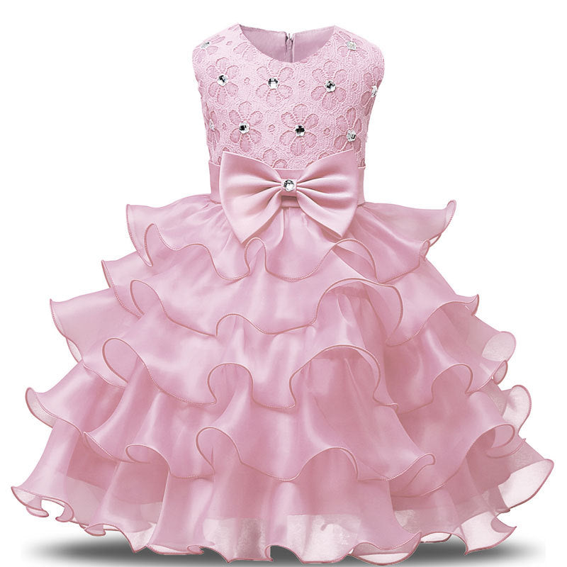 Sleeveless Layered Dress with Bows Girls' Sequins Princess Gown Multi-colors