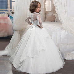 First Communion Dresses with Bow Kid's Princess Dress Tulle Gown Lace Puffy Dress Floor Length