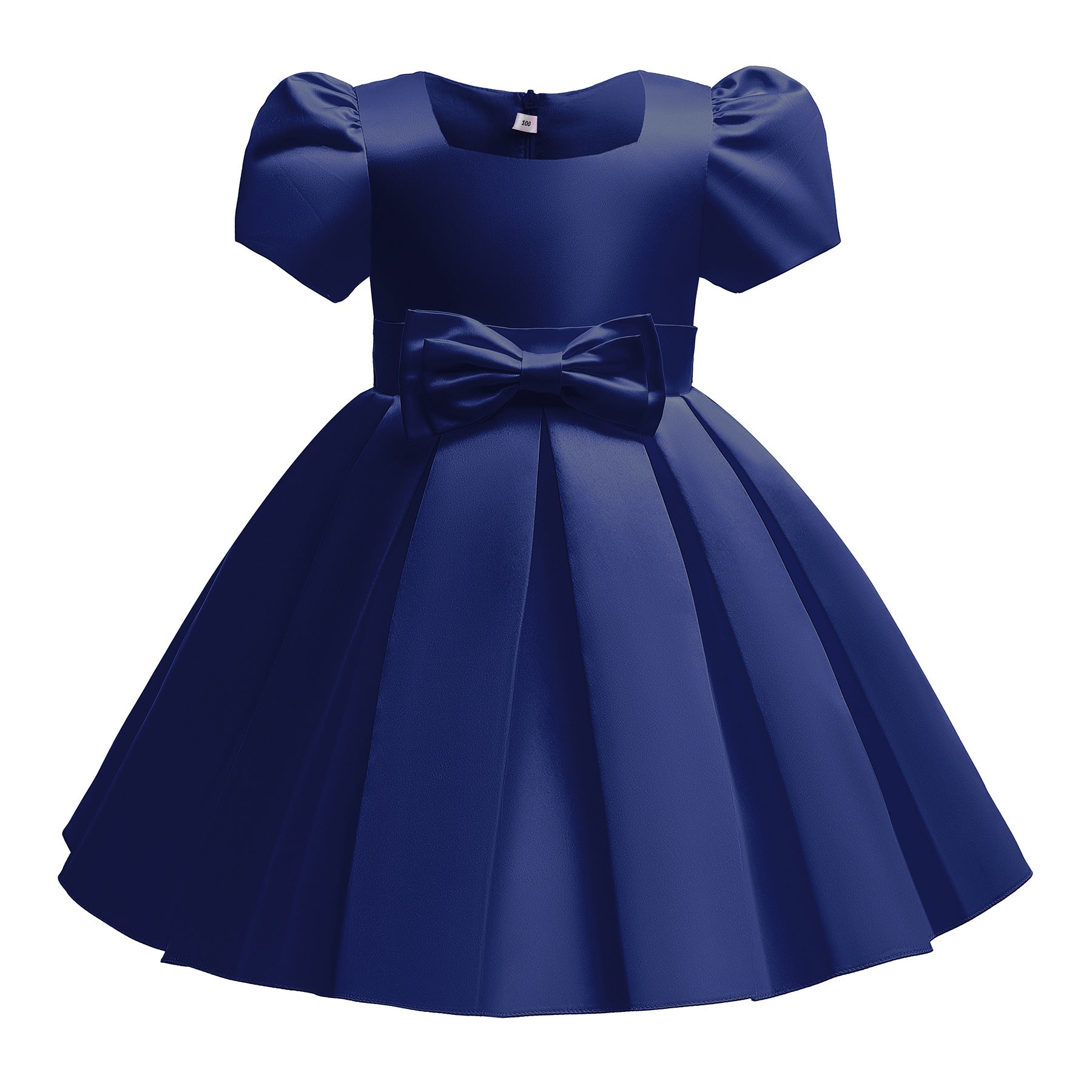 Square Necked Ball Gown with Bow Kid's Satin Birthday Party Dress 3 Colors