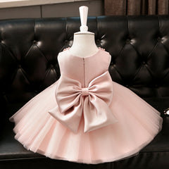 Round Beads Necked Flower Girl Dresses with Bow Simple Tulle Gown