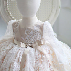 Puffy Lace Dresses with Bow for Girls Round Necked Embroidery Sheer Gown