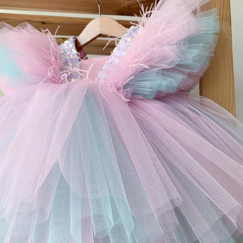 Colorful Sequnis Party Dress for Girls Cute V Necked Tulle Ball Gown