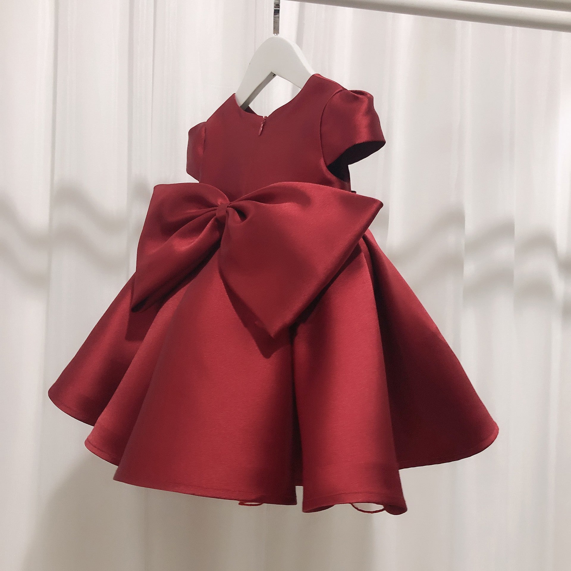 Children's A Line Burgundy Gown with Bow Cute Ruffle Prom Dress for Banquet