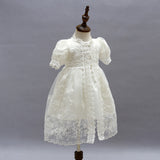 Baby's Chrstening Dress with Bonnet Girls Front Split Puff Sleeves Gown 0-24 Months