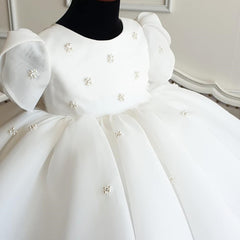 Cute Girls Ruffle Dress with Bow Puff Sleeves Flower Girl Dresses