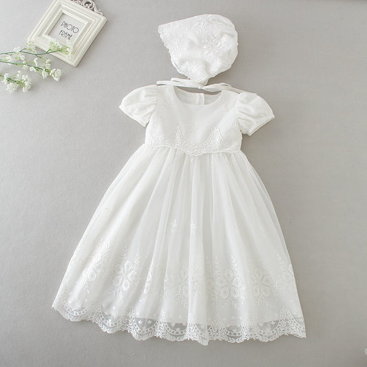 Cute Short Sleeves White Embroidery Sheer Lace Baptism Dress with Bonnet