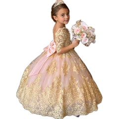 Flower Girl Dress Princess Gown V Back Dress Girls' Dance Dress Floor Length Prom Tulle Gown with Pink Bow