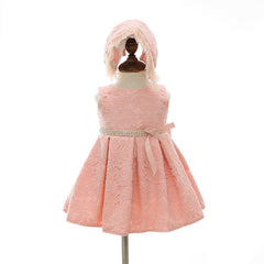 Sleeveless Lace Gown with Bow and Bonnet Christening Dresses 2 Colors