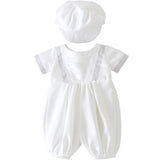 Infant Boys Short Sleeves Christening Outfits with Bonnet Classic Round Necked Baptism Suits