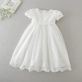 Cute Short Sleeves White Embroidery Sheer Lace Baptism Dress with Bonnet