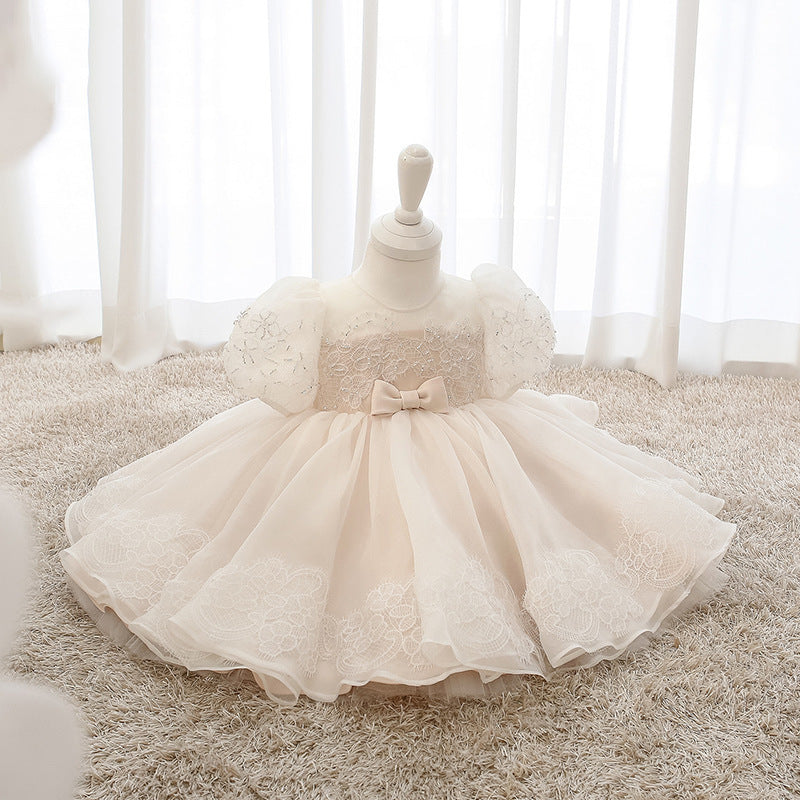 Cute Princess Dress with Bow Embroidery Sheer Puff Sleeves Formal Dress