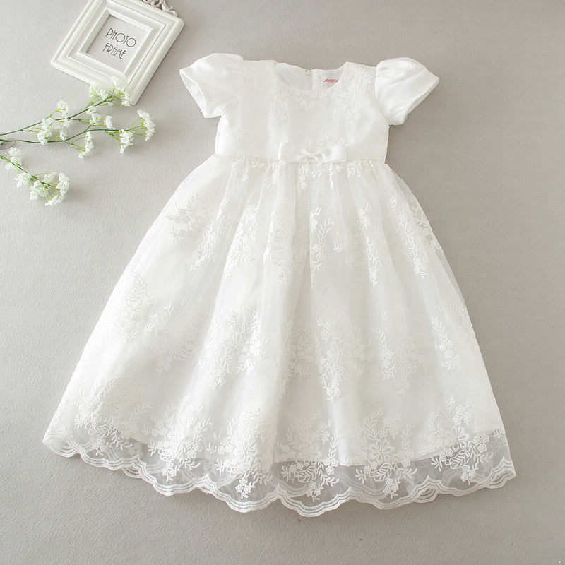 Baby's Puff Sleeves Lace Dress with Bow Cute Round Necked Gown 2 Colors