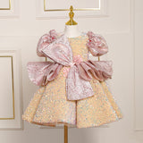 Pink and Gold Sequins Pageant Dress with Bow Cute Princess Gown for Kids