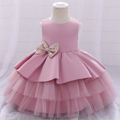 Cute Tiered Dress V Backed Flower Girl Dresses Fancy Tulle Gown with Bows for Baby Girls