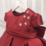 Children's A Line Burgundy Gown with Bow Cute Ruffle Prom Dress for Banquet