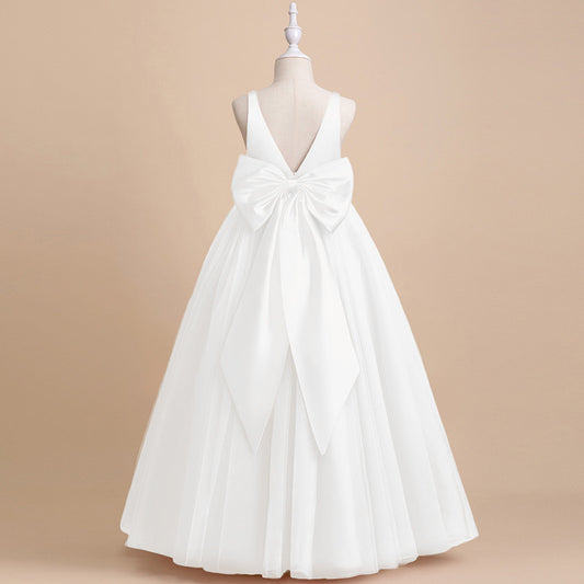 Girls' Cross Bust Flower Girl Dresses with Bow Sleeveless Silk Satin Tulle Gown