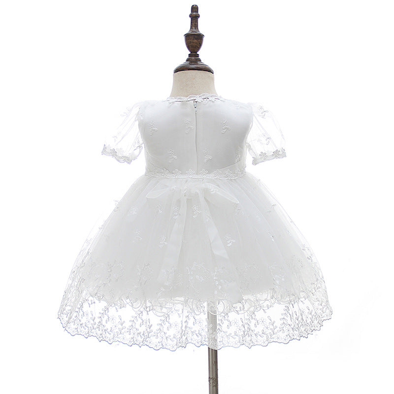 2 PCS Round Necked Lace Christening Dress for Baby with Bow Cute Birthday Dresses