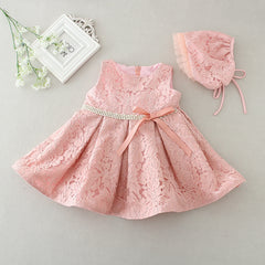 Sleeveless Lace Gown with Bow and Bonnet Christening Dresses 2 Colors