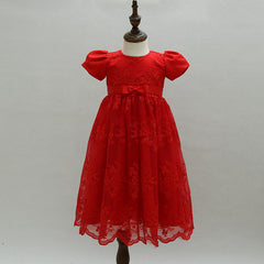 Baby's Puff Sleeves Lace Dress with Bow Cute Round Necked Gown 2 Colors