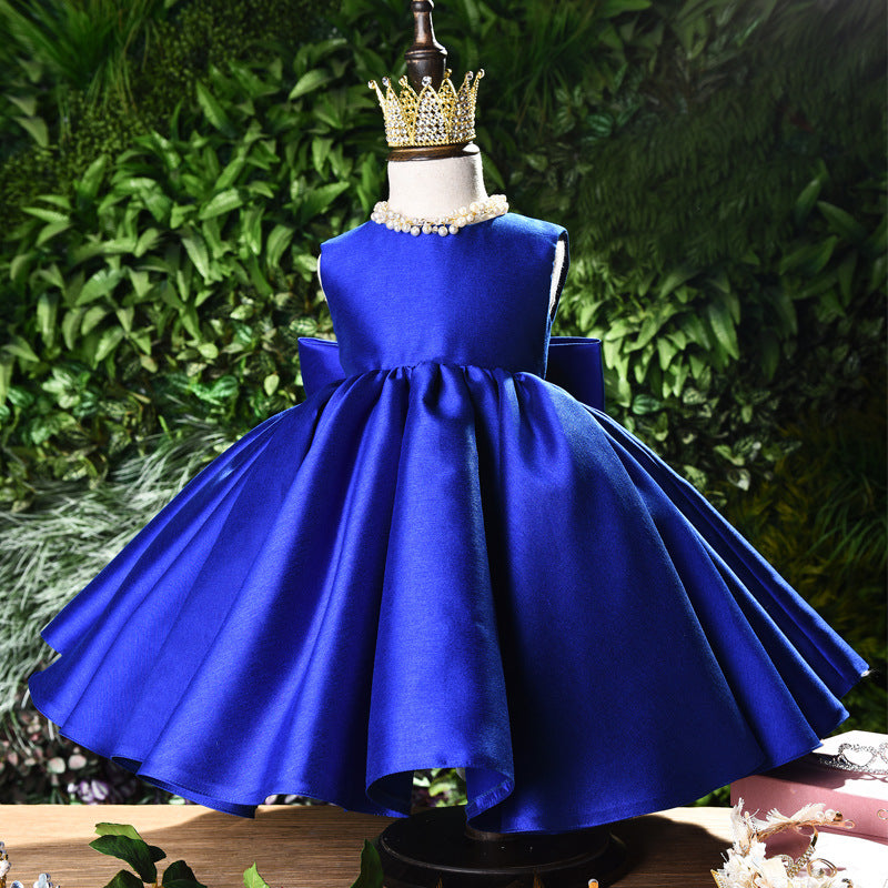 Cute Sleeveless Princess Dress with Bow Satin Party Gown for Kids Banquet Wear