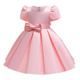 Square Necked Ball Gown with Bow Kid's Satin Birthday Party Dress 3 Colors
