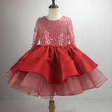 Girl's Sequins with Bow Long Sleeves Party Dress Ruffle Princess Dress