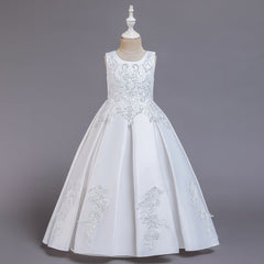 Flower Girl Dresses with Bow Kid's Sleeves Floor Length Gown Classic Round Neck Embroidery Dress