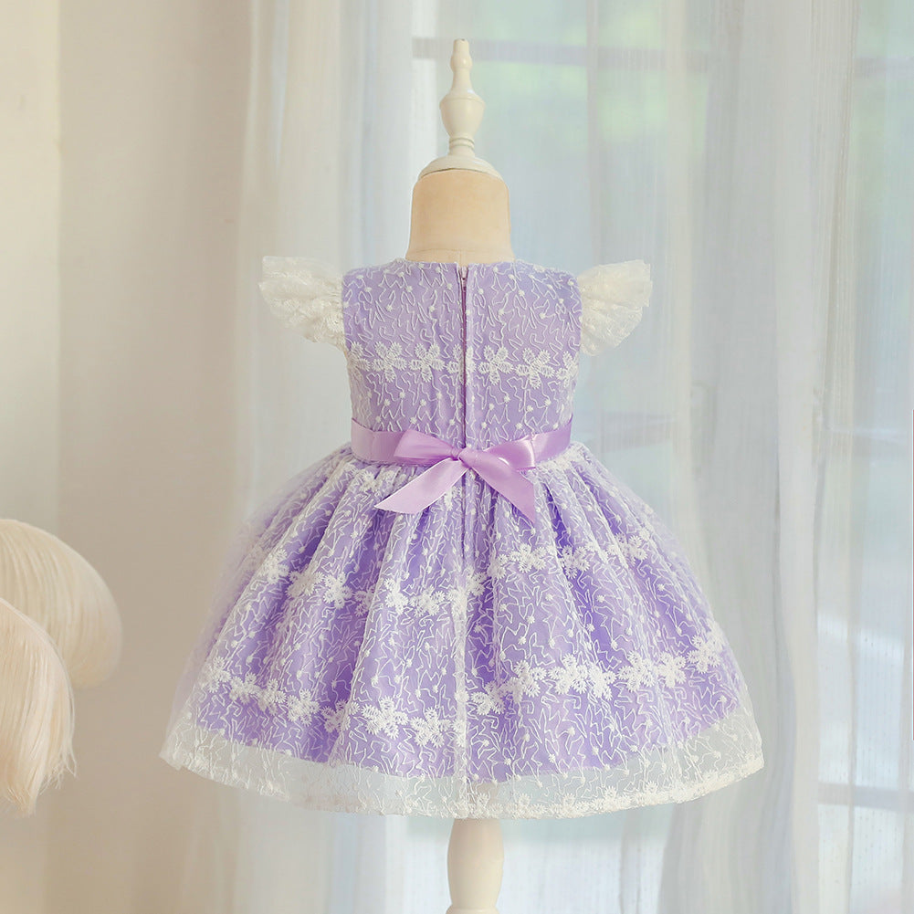 Baby Girls' Cute Tutu Dress with Lace Embroidery Sheer Princess Dresses with Bow