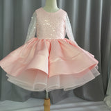 Girl's Sequins with Bow Long Sleeves Party Dress Ruffle Princess Dress