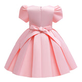 Square Necked Ball Gown with Bow Kid's Satin Birthday Party Dress 3 Colors