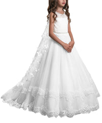 Princess Lace Flower Girl Dresses Kids Wedding Pageant Ball Gowns with Wrap Butterfly Girls First Communion Dress Tail cap