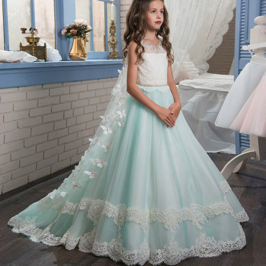 First Communion Dress Tail Cap Princess Lace Flower Girl Dresses Kids Wedding Pageant Ball Gowns with Wrap Butterfly Girls