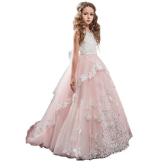 First Communion Dress with Bow Flower Lower Girl Dress Kids Lace Beaded Pageant Ball Gowns Long Puffy Kids Ball Gowns