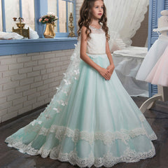 Princess Lace Flower Girl Dresses Kids Wedding Pageant Ball Gowns with Wrap Butterfly Girls First Communion Dress Tail cap