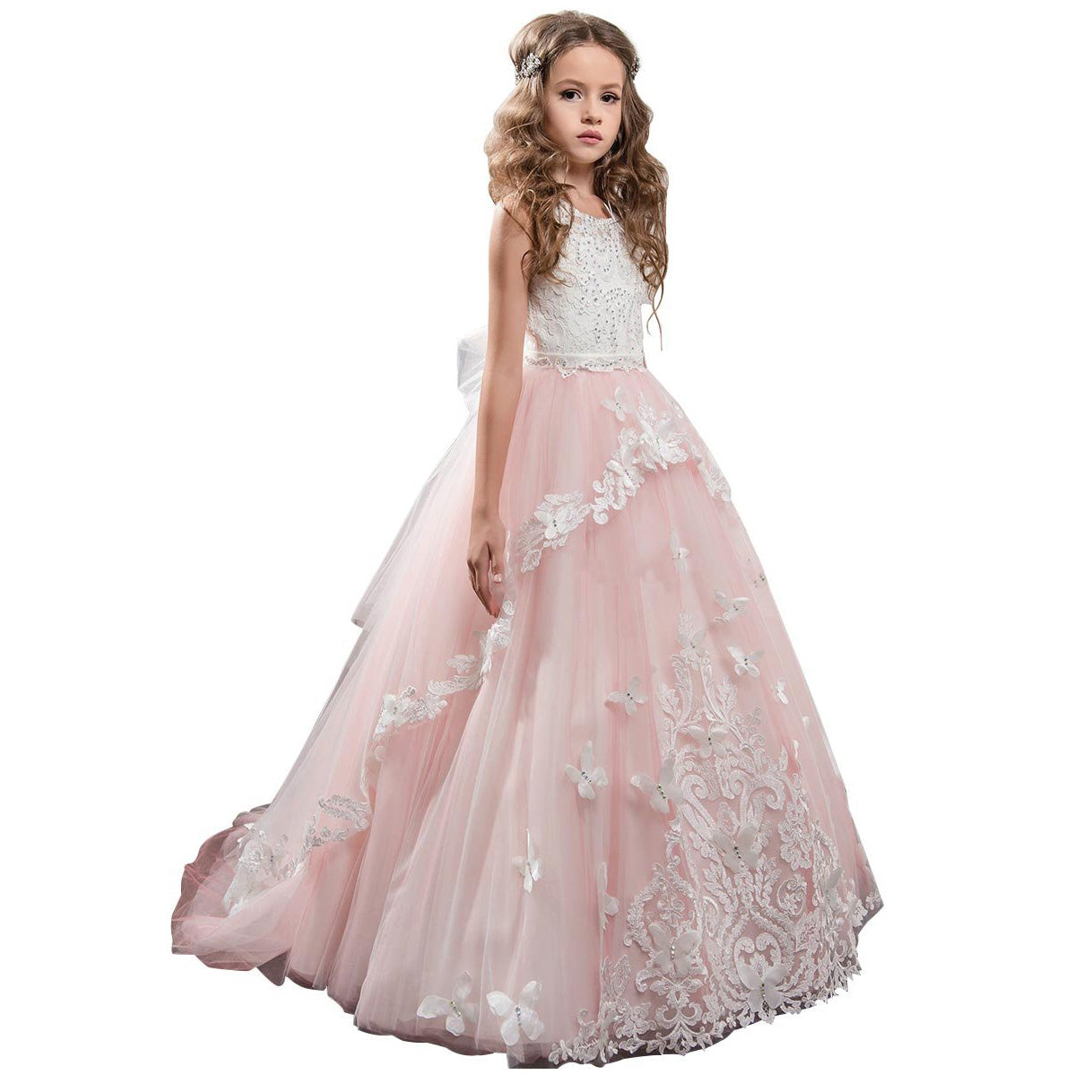 Kids Lace Beaded Pageant Ball Gowns long girls first communion dress with bow flower puffy kids ball gowns for girls